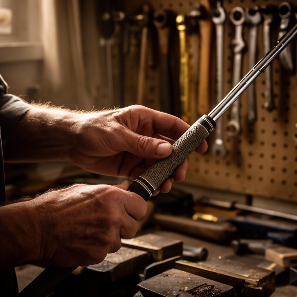 Master craftsman wrapping a new grip on a golf club
